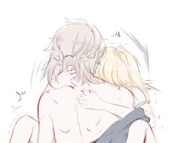 1boy 1girls albedo_(genshin_impact) arms_around_neck back_scratching bite_mark blonde_hair female genshin_impact hickey hickey_marks implied_sex kiss_mark legs_apart lumine_(genshin_impact) male male/female scratch_marks scratches scratching sex shirtless straight