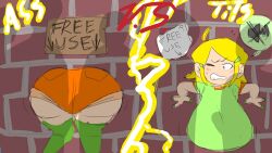 1girls ass_focus big_ass blonde_hair breasts fat_ass female fully_clothed gigantic_breasts huge_ass huge_breasts orange_eyes orange_pants rubberlemtoons_(artist) stuck stuck_in_wall sunny(rubberlemtoons) text text_on_wall tight_clothes tight_clothing tight_fit