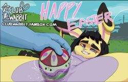 2021 abby_(polyle) anthro areola beauty_mark biped black_hair black_markings blue_body blue_eyes bodily_fluids breasts censored censored_genitalia censored_pussy clenched_teeth countershade_torso countershading day dipstick_ears disembodied_hand duo ear_piercing ear_ring easter easter_egg egg egg_in_pussy egg_insertion english_text eyebrows female female_focus genital_fluids gloves_(marking) grey_body hair holidays lagomorph leporid looking_down lying_on_ground mammal markings mostly_offscreen_character multicolored_body multicolored_ears nipples nude orange_body outside piercing pink_nose polyle pussy_juice rabbit ring_piercing short_hair small_breasts solo_focus spread_legs spreading teeth text two_tone_body