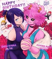 2boys 2girls ashido_mina bare_shoulders birthday birthday_girl black_sclera blackhaiper boku_no_hero_academia breast-to-breast breast_to_breast breasts_to_breasts celebration cleavage cleavage_cutout denki_kaminari dress eijirou_kirishima elegant_dress female female_focus flower holding_hands horns kaminari_denki kirishima_eijirou kyoka_jiro male mina_ashido multiple_boys multiple_girls my_hero_academia naem pink_hair pink_skin purple_hair slit_dress spiked_choker tight_clothing tight_dress