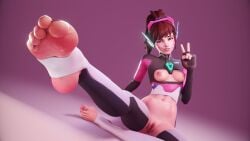 1girls 3d breasts colonelyobo d.va feet feet_focus female female_only foot_fetish foot_focus nipples overwatch peace_sign pov_feet practically_nude pussy shaved_pussy small_breasts smile soles toes