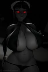 3d 3d_(artwork) areola areola_slip areolae belly_button big_breasts black_hair breasts choker cleavage collarbone demon_girl demon_horns diagonal_bangs dim_lighting eyes gloves glowing_eyes grey_skin horns huge_breasts lips long_gloves long_hair looking_down monochrome nipple_slip oblivionfall panties phalia pulling_panties red revealing_clothes scrag_boy scraggy_(artist) straight_bangs straight_hair tummy wide_hips