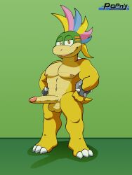 anthro balls biceps big_penis bracelet erection genitals hands_on_hips hi_res humanoid_genitalia jewelry koopa koopaling lemmy_koopa long_penis male mario_(series) muscular muscular_male nintendo nipples pecs penis pooncartoonist reptile scalie smile solo soulteam spiked_bracelet spikes