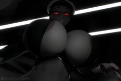 3d 3d_(artwork) areola areola_slip areolae big_breasts biting_lip black_hair breasts ceiling_light cleavage demon_girl demon_horns diagonal_bangs dim_lighting eyes gloves glowing_eyes grey_skin horns huge_breasts imminent_sex lip_biting lips long_gloves long_hair looking_at_viewer looking_down low-angle_view monochrome nipple_slip oblivionfall phalia red revealing_clothes scrag_boy scraggy_(artist) smile smirk straight_bangs straight_hair tummy