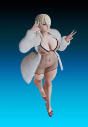 1girls 3d 3d_(artwork) abs big_breasts blonde_female blonde_hair blue_eyeshadow blue_nails blue_toenails brown_eyes cleavage earrings female female_only fishnet fishnets fur fur_coat high_heels ihateasuka large_breasts legs long_nails mole original original_character peace_sign platform_heels pubic_hair rings simple_background solo_female star_earrings