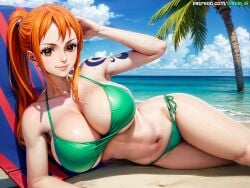 1girls ai_generated beach bikini breasts female female_only hips huge_breasts light-skinned_female light_skin long_hair nami nami_(one_piece) naughty_face one_piece orange_hair outdoors panda_ai post-timeskip smile stable_diffusion thick_thighs thighs wide_hips