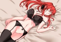 1girls 2d bed bedroom big_breasts bottomless bra breasts breasts_bigger_than_head cg_art emotionless expressionless fake_sleep female female_focus garter_belt garter_straps imminent_rape imminent_sex indoors kagura_games noblewoman nuko_majin oblivious pretending red_hair sleeping the_scarlet_demonslayer thighhighs unaware unconscious underwear undressed undressing video_game video_games