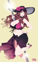 1girls absurdres alternate_costume bare_legs bikini black_bikini breasts brown_hair cleavage dancer dancing dorothea_arnault dorothea_arnault_(summer) earrings female female_only fire_emblem fire_emblem:_three_houses fire_emblem_heroes green_eyes grin hat high_heels highres jewelry large_breasts lipstick long_hair looking_at_viewer makeup nail_polish nintendo official_alternate_costume pink_bikini pink_lips pink_nails pole pole_dancing r3dfive sandals sarong smile solo stripper_pole sun_hat swimsuit two-tone_bikini wide_hips