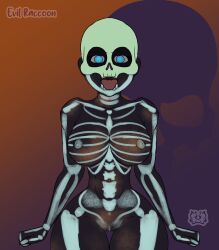 2d big_breasts blue_eyes bodypaint bone breasts evil_raccoon helmet mask nipples skeleton skull thick_ass thick_thighs