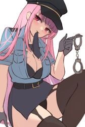 1girls 2d black_panties bra cuffs handcuffs haruuukuma hololive hololive_english hololive_myth mori_calliope mouth_hold panties pink_hair police police_uniform policewoman red_eyes skirt tie underwear uniform virtual_youtuber