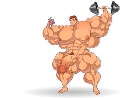 abs alex_(stardew_valley) bara barefoot big_penis bodybuilder dumbbell feet himbo hyper khanthedestroyer male male_only muscles muscular muscular_male nipples pecs pubic_hair stardew_valley thick_thighs