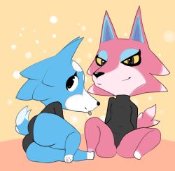 animal_crossing blue_fur freya_(animal_crossing) furry looking_at_viewer partially_clothed pink_fur presenting presenting_hindquarters skye_(animal_crossing) wolf