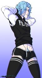 1boy black_clothing blue_hair blue_pubic_hair booty_shorts bulge dramaticdino femboy gay hoodie langa_hasegawa long_socks male male_only pubic_hair pubic_hair_peek simple_background sk8_the_infinity solo thigh_socks