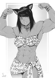 1girls absurd_res animal_ears animal_print armpits biceps breasts cleavage collar commission final_fantasy_xiv flexing greyscale hi_res jewelry looking_at_viewer medium_breasts miqo'te monochrome muscular muscular_arms muscular_female obliques original parted_lips serratus_anterior signature simple_background smile solo speedl00ver