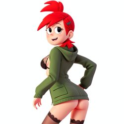 3d_(artwork) ai_generated blush blushing_at_viewer clothing foster's_home_for_imaginary_friends frankie_foster green_jacket lacy_bra lacy_thighhighs loafduck ponytail red_hair self_upload tagme