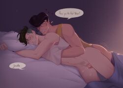 1cuntboy 2boys black_hair blush closed_eyes cuntboy diamond_is_unbreakable gay green_hair in_bed intercrural intersex jojo's_bizarre_adventure josuke_higashikata partially_clothed pussy_juice rohan_kishibe spoon_position thigh_sex thighs undercut