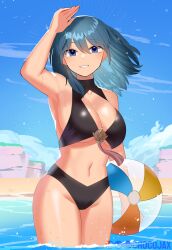 1girls alternate_costume arm_up armpits ball bare_arms bare_shoulders beachball bikini black_bikini black_swimsuit blue_eyes blue_hair blue_sky breasts byleth_(female)_(fire_emblem) byleth_(fire_emblem) byleth_(fire_emblem)_(female) chocojax cleavage cloud commentary day female female_only fire_emblem fire_emblem:_three_houses grin hair_between_eyes highres holding holding_ball holding_beachball large_breasts long_hair looking_at_viewer navel nintendo sky smile solo stomach swimsuit thighs underboob wading water