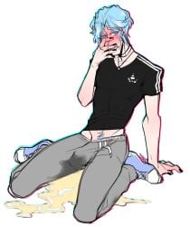 1boy big_bulge blue_pubic_hair dramaticdino gay langa_hasegawa male male_only peed_self peeing peeing_self petite pubic_hair pubic_hair_peek sk8_the_infinity skinny urine wet_clothes wet_clothing white_background yaoi