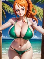 1girls ai_generated beach bikini breasts female female_only hips huge_breasts light-skinned_female light_skin long_hair nami nami_(one_piece) naughty_face one_piece orange_hair outdoors panda_ai post-timeskip smile stable_diffusion thick_thighs thighs wide_hips