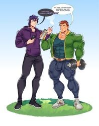 abs alex_(stardew_valley) bara bodybuilder dumbell gay khanthedestroyer male male_only muscles muscular muscular_male pecs pubic_hair sebastian_(stardew_valley) stardew_valley thick_thighs