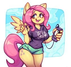 anthro anthro_female band_shirt black_shirt blue_shorts booty_shorts caramel_skin casual cutie_mark death_grips earphones fluttershy_(mlp) friendship_is_magic goobone goth_girl green_eyes ipod listening_to_music looking_at_viewer my_little_pony offering_to_viewer petite petite_body petite_female pink_hair pink_tail safe_for_work shorts small_breasts smiling smiling_at_viewer wings