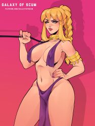 astra_(galaxy_of_scum) big_ass big_breasts blonde_hair blue_eyes cleavage collar curvaceous curvy curvy_body curvy_female curvy_figure emmanuel_viola evviart galaxy_of_scum harem_girl harem_jewelry harem_outfit leash leash_pull leashed_collar patreon pelvic_curtain ponytail sci-fi science_fiction slave_bikini slave_collar slave_outfit slavegirl thick_thighs wide_hips