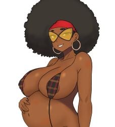 1girls afro areolae belly big_belly big_breasts breasts canon_pregnancy dark-skinned_female dark_skin earrings female glasses hand_on_belly headband jessica_drew jessica_drew_(earth-332) lowhp marvel pregnant solo spider-man:_across_the_spider-verse spider-man_(series) spider-woman string_bikini