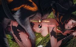 au_ra bite black_fur black_hair canine cum defeated defeated_heroine final_fantasy_xiv gameplay_mechanics gpose(ffxiv) grass knot knotting oc original outdoors outside pink_eyes scales status_effect zoophilia