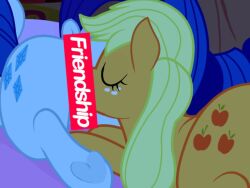 applejack_(mlp) bed bedroom blonde_mane canaryprimary censor_bar censored closed_eyes colored cutie_mark earth_pony equid equine eyelashes faceless_character faceless_female female female/female feral freckles friendship_is_magic fur furniture hasbro horn horse mammal mane my_little_pony offscreen_character orange_body orange_fur parody pony purple_mane rarity_(mlp) sex supreme unicorn white_body white_fur