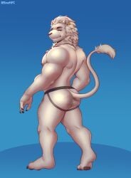 absurd_res anthro ass big_butt claws clothing ear_piercing ear_ring feet felid feline fur hi_res jockstrap lion long_tail looking_at_viewer male mammal mane muscular muscular_anthro muscular_male narrowed_eyes nipples pantherine pawpads pecs piercing pubes rear_view ring_piercing simple_background smile smirk snaftfc solo standing tail underwear white_body white_fur