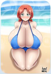 1girls angry_face assassination_classroom azraelwebster bare_shoulders beach big_breasts blue_swimsuit blush blushing_at_viewer breasts breasts_bigger_than_head breasts_bigger_than_torso cleavage collarbone embarrassed enormous_breasts eyebrows_visible_through_hair female female_focus female_only green_eyes grumpy hayami_rinka huge_breasts hyper_breasts kneeling large_breasts light-skinned_female light_skin looking_at_viewer nipple_bulge on_knees orange_hair outdoors solo solo_female solo_focus swimsuit thick_thighs twintails voluptuous voluptuous_female wide_hips