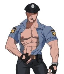 1boy abs belt black_sclera button_down_shirt cigarette cop fingerless_gloves hand_on_belt hat jojo's_bizarre_adventure male_only nipples pecs police police_uniform red_eyes risotto_nero shirt_open smoke solo vento_aureo white_background white_hair