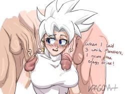 1girls 3boys andromeda_(vpagonart) balls big blue_eyes blush dialogue earrings female_focus genitals goddess humor light-skinned_female light-skinned_male male/female nervous original_character penis precum saiyan surrounded_by_penises veiny_penis vpagonart white_hair white_skin