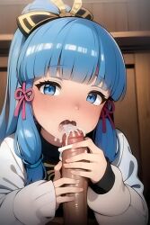 1girls ai_generated blowjob blue_eyes blue_hair blush clothed cum cum_in_mouth cum_on_face ejaculation fellatio female female_focus female_only foopanthia genshin_impact handjob interracial kamisato_ayaka light_skin looking_at_viewer open_mouth playing_skinflute ponytail