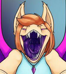 akudrache anthro bat big_tongue bodily_fluids drooling fangs female front_view grinning_at_viewer hi_res imminent_vore mammal mouth_shot open_mouth pendant rias_umbra saliva sharp_teeth solo teeth thick_tongue tongue vore you_are_going_to_fucking_die