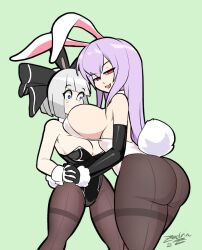 2girls big_breasts blue_eyes blush breast_smother bunny_ears bunny_girl bunny_tail bunnysuit cleavage curvy curvy_female dat_ass green_background grey_hair hand_holding light-skinned_female purple_hair red_eyes reisen_udongein_inaba signature silver_hair smug smug_face thick_ass thick_thighs thighs touhou watermark youmu_konpaku yuri zedrin