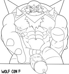 anthro balls bara big_balls big_penis blush boner chesnaught erection gay male male_only monochrome muscles muscular nintendo no_color nude penis pokemon sketch solo solo_male wolf_con_f