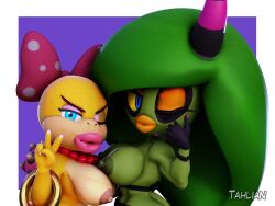 2girls 3d 3d_model anthro areolae armwear big_breasts big_lips bimbo bimbo_lips blue_eyes bracelet breasts crossover deadly_six eyeshadow female female_only green_areola green_body green_hair hair half-closed_eyes headwear horns huge_breasts kabalmystic lipstick long_hair mario_(series) nail_polish nails naked naked_female neckwear nipples nude nude_female one_eye_closed orange_eyeshadow orange_lips orange_lipstick peace_sign pearl_necklace pink_eyeshadow pink_lips pink_lipstick pink_nail_polish pink_nails puckered_lips puffy_lips ribbon sega shell shortstack sonic_(series) sonic_lost_world sonic_the_hedgehog_(series) tahlian thick_lips topless wendy_o._koopa yellow_sclera zeena zeena_(kabalmystic) zeti zeti_(species)