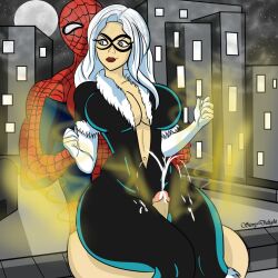 1boy 1girls big_breasts black_cat_(marvel) breasts cleavage cum cum_from_fart cumming erection fart fart_cloud fart_fetish fart_on_dick farting farting_on_dick fartjob felicia_hardy female huge_breasts marvel marvel_comics penis sitting_on_lap spider-man spider-man_(series) storydelight thigh_sex thighs white_hair