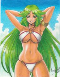 1girls 2018 alluring armlet arms_behind_head arms_up belly big_breasts bikini breasts cleavage cloud cloudy_sky female green_eyes green_hair hand-drawn handdrawn high_res kid_icarus kid_icarus_uprising long_hair navel nintendo palutena ravern_clouk sky smile swimsuit tight_clothes traditional_media very_long_hair white_bikini