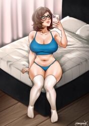 1girls 2d 2d_(artwork) 2d_artwork big_breasts blue_underwear brown_hair chubby_female curvy drawn glasses meganyx mei_(overwatch) nipples_visible_through_clothing overwatch selfie sitting solo stockings thick_thighs underwear wide_hips