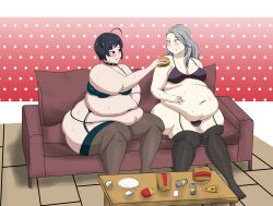 2girls akkyon bbw belly big_belly blush fat feederism feeding female food garter_straps lingerie obese overweight persona persona_5 sae_niijima sitting sofa sweat tae_takemi thick_thighs thunder_thighs wide_hips yuri