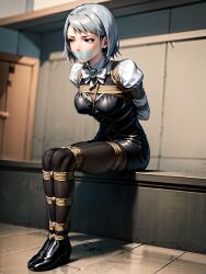 ai_generated arms_tied_behind_back blue_eyes bondage bound_ankles bound_legs fully_clothed gag gagged grey_hair gyakuten_saiban karuma_mei sitting tape_gag