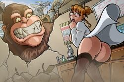 anthro ape ass big_breasts breasts brown_hair bubble_ass bubble_butt busty dat_ass dr._betty_veronica embarrassed female female_focus female_only george_(rampage) glasses hourglass_figure labcoat long_hair monster nerd nerdy_female nylons rampage_(game) scientist sideboob stockings tagme tied_hair trpxart wardrobe_malfunction wide_hips