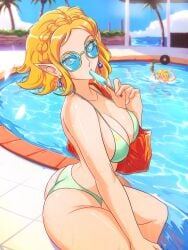 1boy 1girls 2023 ass big_ass bikini cleavage drowning drowning_in_background female hylian light-skinned_female light_skin link looking_at_viewer male nintendo opalisart pointy_ears pool poolside princess_zelda tears_of_the_kingdom the_legend_of_zelda thick_thighs wide_hips zelda_(tears_of_the_kingdom)