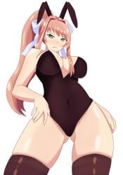 1girls big_breasts black_bunnysuit bunnysuit doki_doki_literature_club dylanmac72 female female_only green_eyes long_hair looking_at_viewer looking_down mole mole_on_breast monika_(doki_doki_literature_club) peach_hair thick_thighs thighhighs white_background white_bow