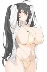 ahoge alternate_costume arms_up azur_lane bikini black_hair blush breasts cleavage collared_shirt commentary cowboy_shot curvy dress_shirt female hair_between_eyes hands_in_hair highres huge_breasts long_hair looking_at_viewer misato_pic multi-strapped_bikini navel official_alternate_costume open_clothes open_shirt parted_lips red_eyes shirt side-tie_bikini_bottom simple_background solo standing stomach string_bikini swimsuit taihou_(azur_lane) taihou_(seaside_daydreams)_(azur_lane) thick_thighs white_background white_shirt wide_hips wing_collar yellow_bikini