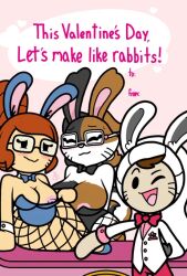 1boy 2girls blush blushing_at_viewer brooke_(inbottomdrawer) bunny_ears bunny_tail bunnysuit cally_(inbottomdrawer) glasses inbottomdrawer sockboy valentine's_day