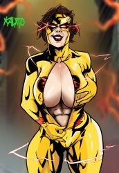 bodysuit dc dc_comics flash genderswap_(mtf) grin holding_own_breast kalxto large_breasts looking_at_viewer reverse_flash rule_63 the_flash the_flash_(series) zipper zipper_down