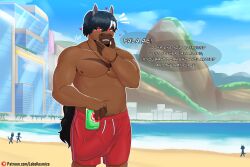 1boy absurd_res anthro armwear balls beach beverage beverage_can blue_sky brazil brown_body brown_fur bulge clothed clothing cloud detailed_background dialogue digital_drawing_(artwork) digital_media_(artwork) english_text equid equine erection fur genitals guarana_soda hair hi_res highlights_(coloring) horse jewelry kane_(lobokosmico) lobokosmico looking_at_viewer male male_only mammal multicolored_body muscular muscular_male necklace nipples open_mouth outdoors outside penis ponytail portuguese_text rio_de_janeiro sand seaside sky smile solo swimming_trunks swimwear tail text topless url water white_highlights